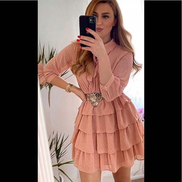 Zara Belted Dotted Mesh Tiered Dress Peach Pink S - Picture 3 of 15